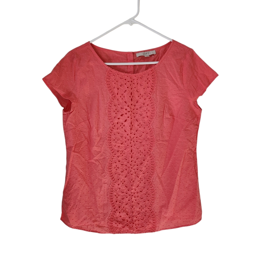 LOFT Coral Eyelet Scoop-Neck Short Sleeve Top
